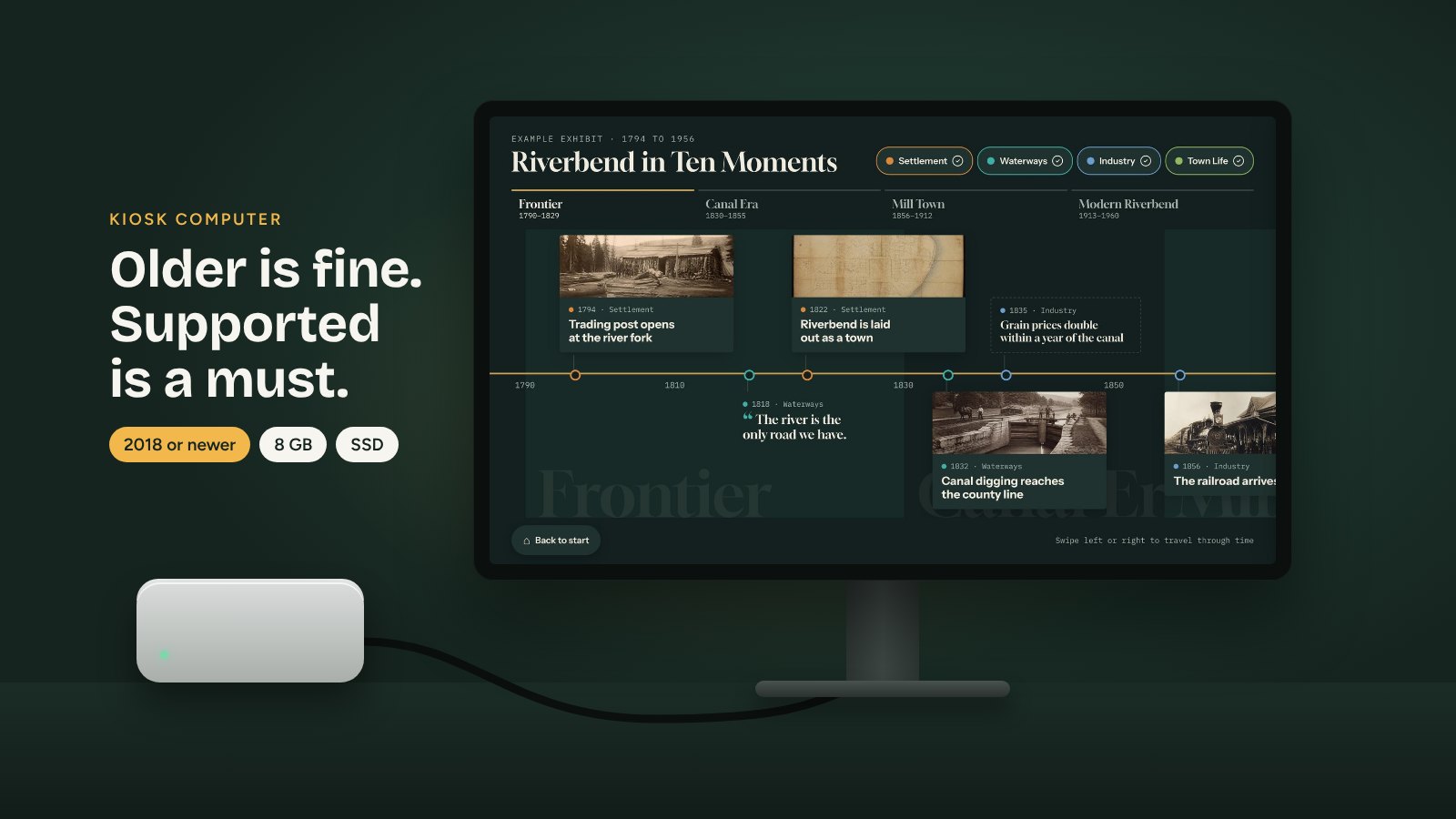 An illustration of a small computer connected to a touchscreen playing a Riverbend timeline, with the words: Older is fine. Supported is a must. 2018 or newer, 8 GB, SSD.
