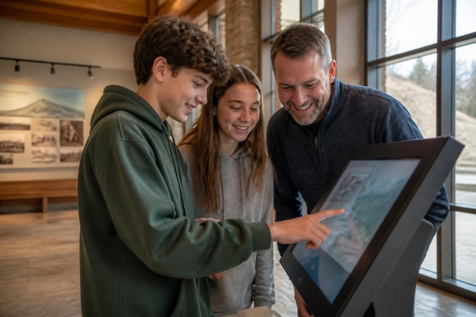 A family at a visitor center leaning in to explore a touchscreen kiosk together.