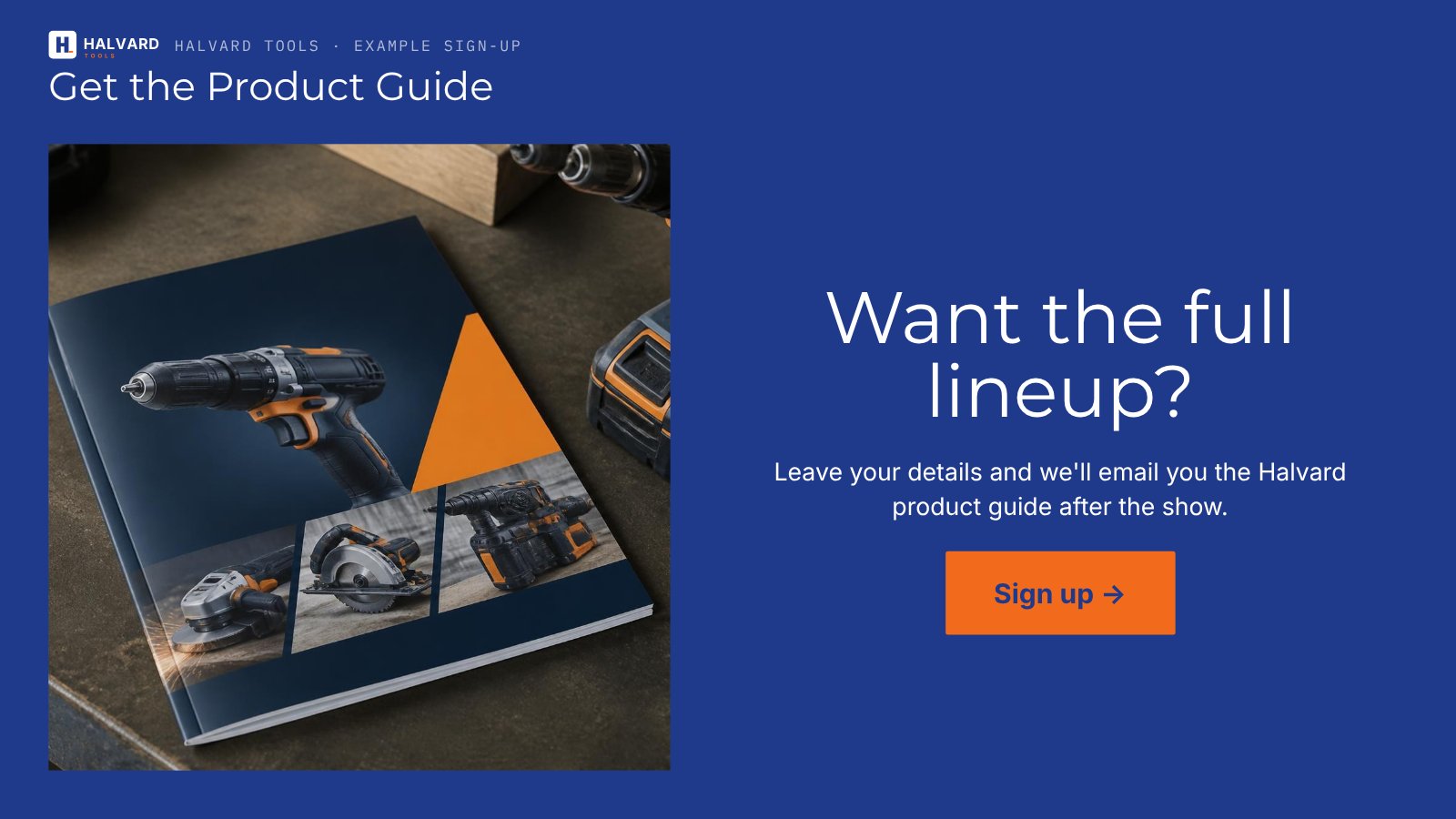 Branded sign-up kiosk offering a product guide with a Sign up button