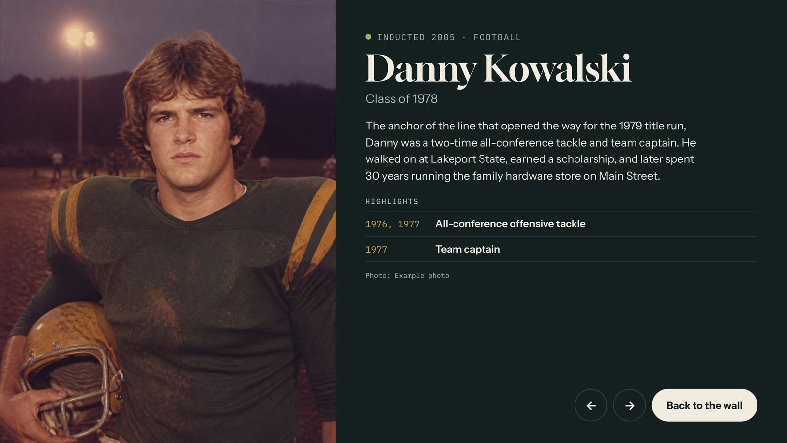 An example Tellcase Honor Wall profile for a football honoree, with his photo, a short bio, and a list of highlights.