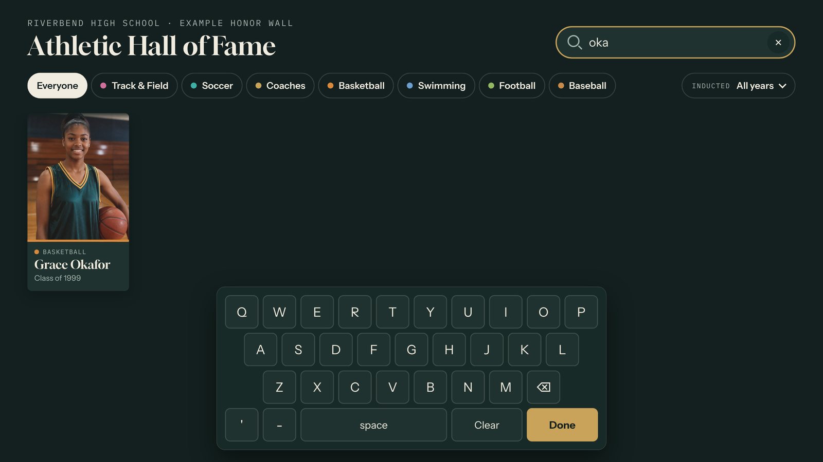 A Tellcase Honor Wall with the on-screen keyboard open and a few letters typed, filtering the wall to one matching honoree.