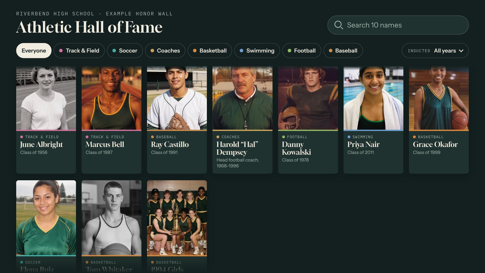 An example Tellcase Honor Wall for the Athletic Hall of Fame at a fictional high school, with photo tiles of honorees, sport filters, and a name search box.