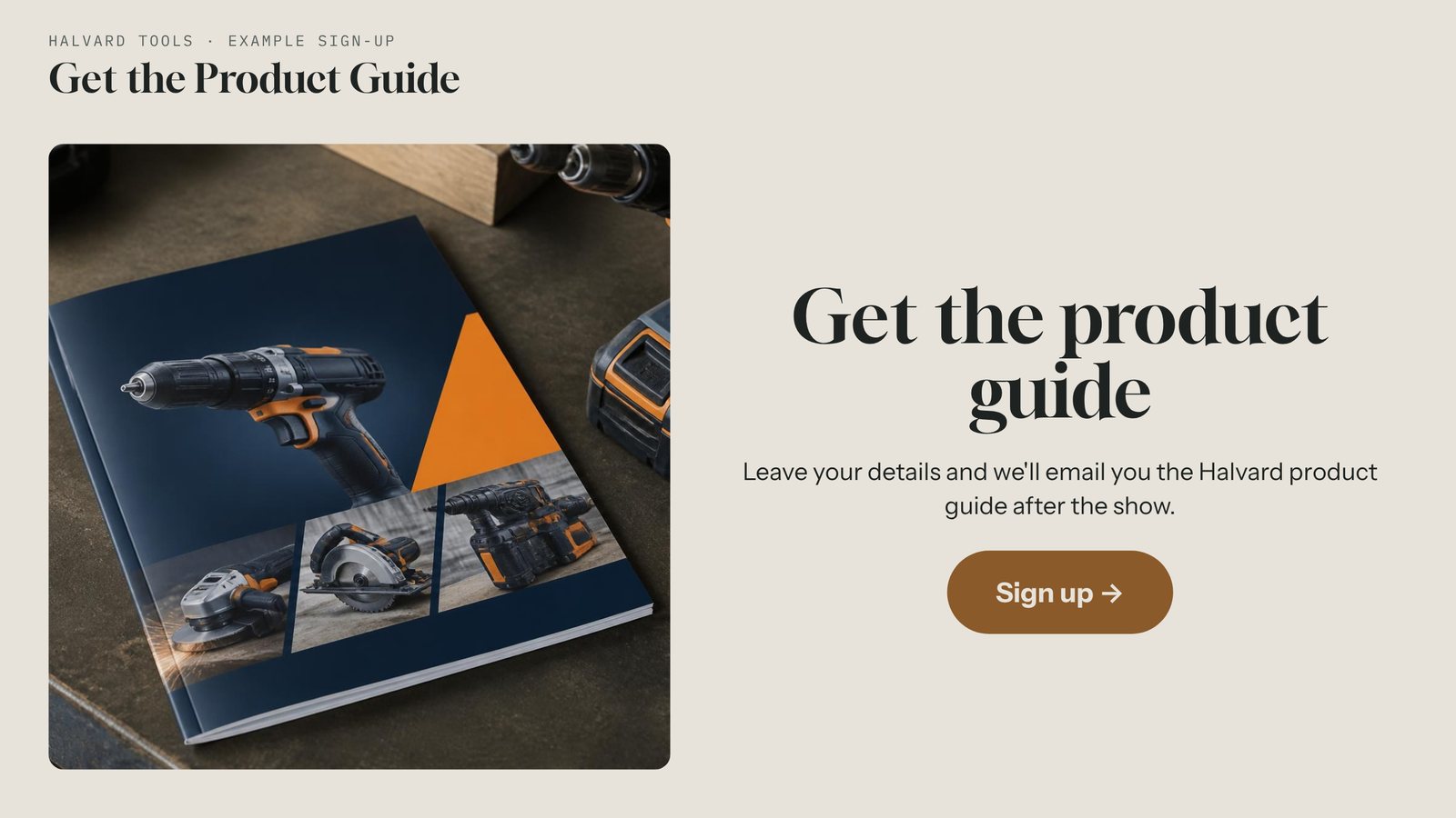 Lead Capture template with a product guide photo and a Sign up button