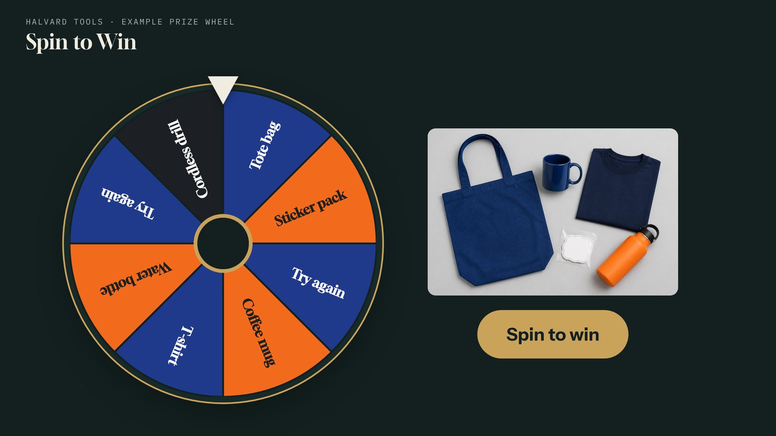 Prize Wheel template with prize slices and a Spin to win button