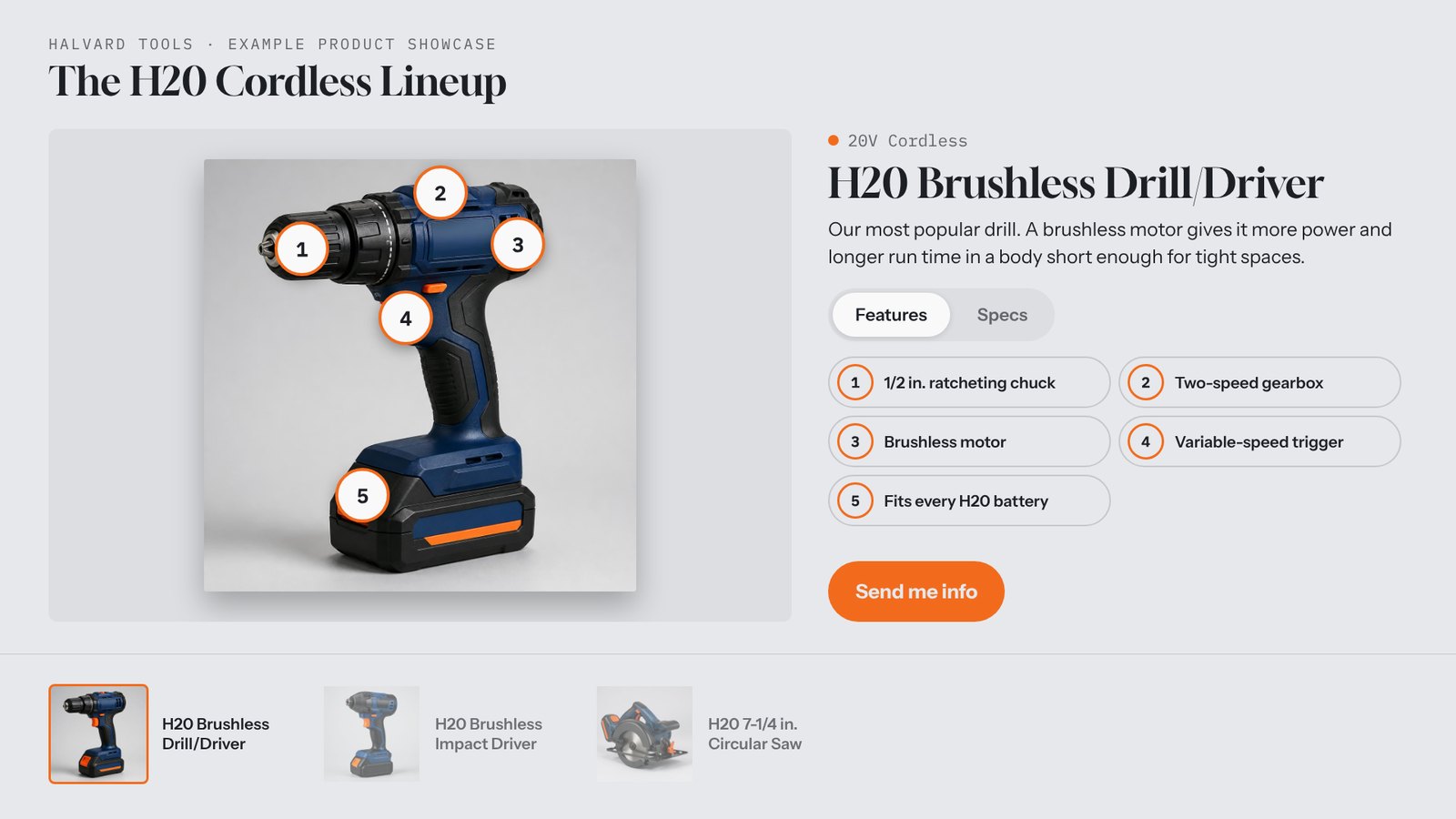 Product Showcase template showing a cordless drill with numbered feature hotspots and a Send me info button