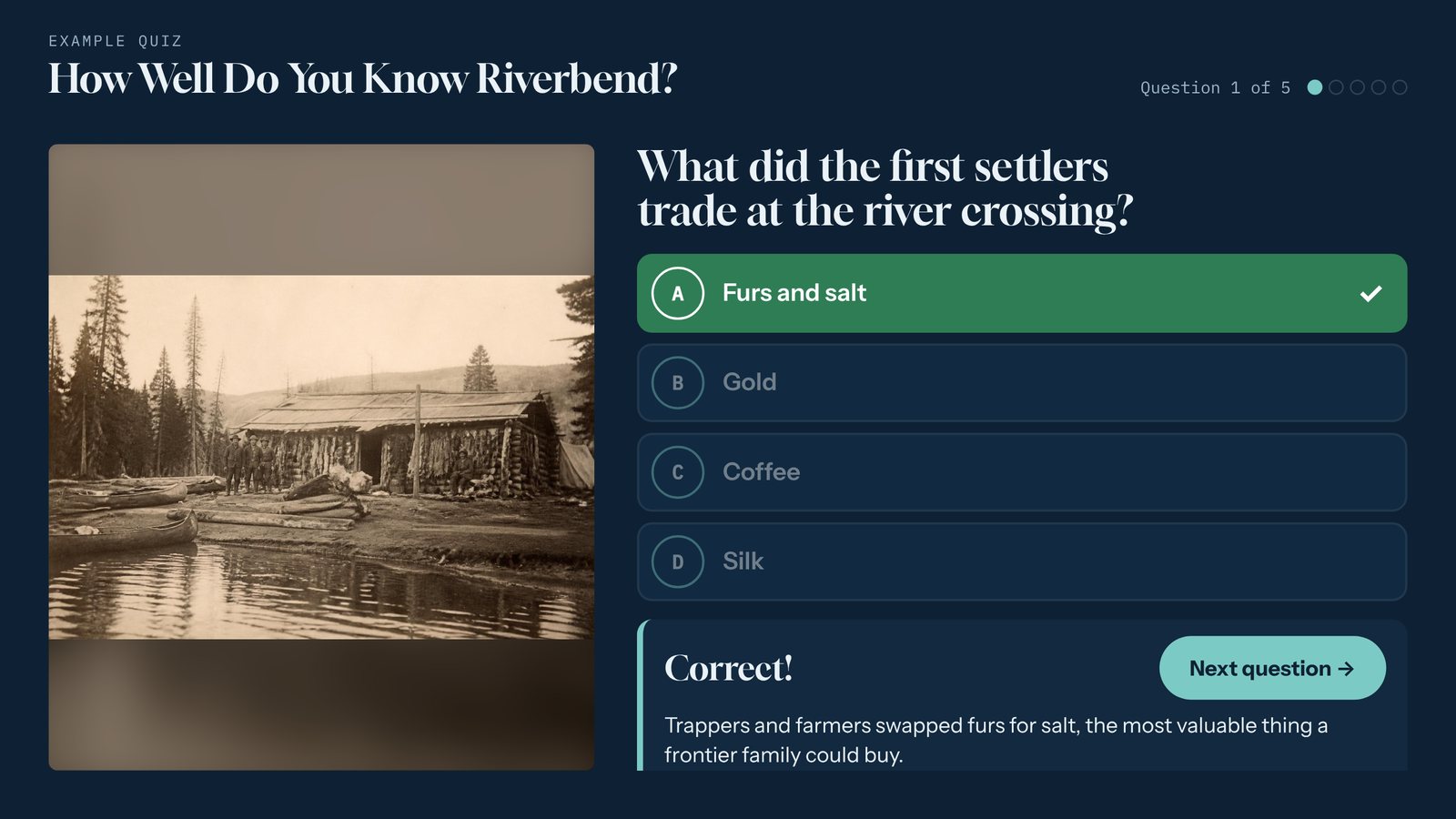 Quiz template showing a multiple-choice question answered correctly